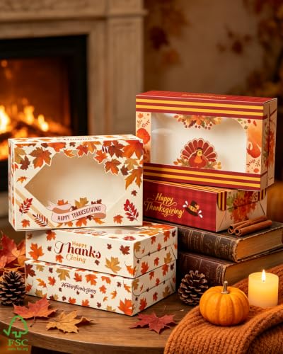 qiqee Thanksgiving Cookie Box with Window 9x6x2.5 inch 15Pcs Pastry Macaron Thanksgiving Leaves Bakery Box For Thanksgiving Day - color: Thanksgiving, size: 9x6x2.5 Inch