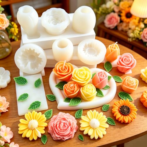 7 Pcs Flower Candle Molds with Leaf Molds, 3D Flower Silicone Mold - color: 7 Pcs Flower Candle Molds With Leaf Molds