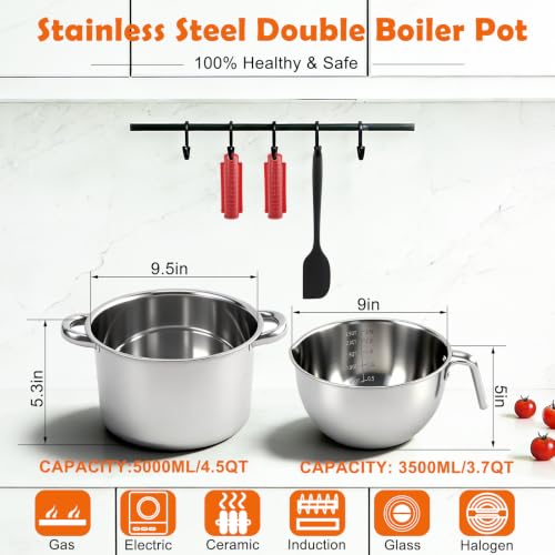 Double Boiler Pot Set 3.7QT & 5.8QT, Stainless Steel Chocolate Melting Pot - size: 3000ML+5000ML
