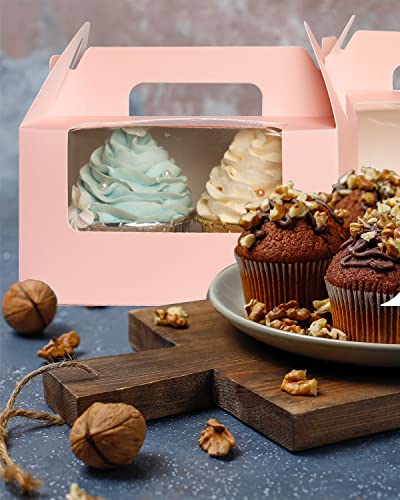 qiqee Pink Cupcake Box Two Holder 6.5x3.6x3.5inch(2.2" Top) 100pcs 2 Cupcake Boxes With Window - color: Pink, size: 100Pcs, Two Holder