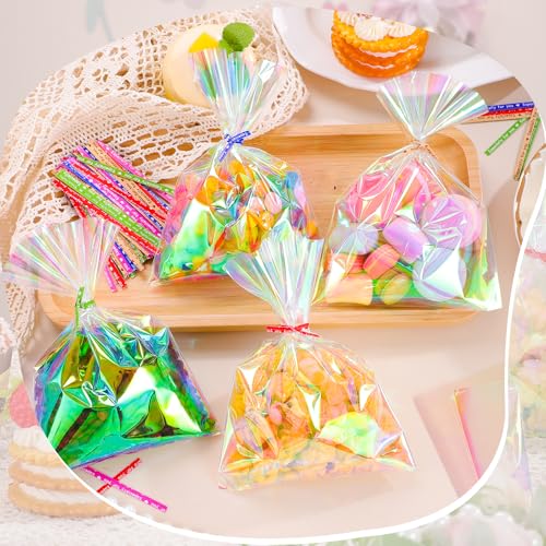 woric 150PCS Iridescent Cellophane Treat Bags with Ties 5x7 Inch