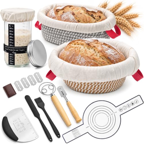 Sourdough Starter Kit Gift Set – 21Pcs Complete Baking Tools with 22oz Jar, Oval Banneton Basket, Dough Whisk, Bread Lame & Silicone Liners, Perfect for Artisan Home Bakers