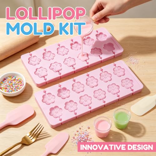 12 Cavities Flower Pink Silicone Lollipop Molds,Hard Candy Chocolate Sucker Mold with 20pcs Bags,20pcs Gold Ties - color: C