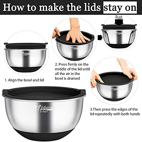 Wildone Mixing Bowls with Airtight Lids, Stainless Steel Mixing Bowls Set - color: Black