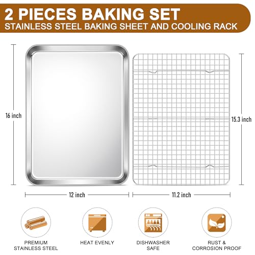 E-far Baking Sheet with Wire Rack Set, 16" x 12" (1 Pan +1 Cooling Rack) - size: 16"x12"
