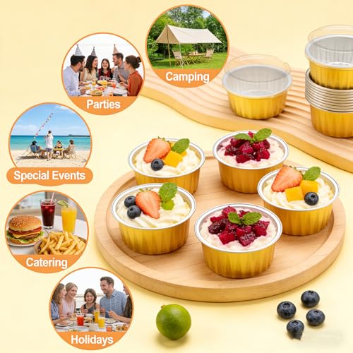 150 Pack Disposable Ramekins with Clear Lid, Golden Mini Cupcake Tins