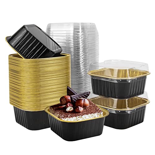 50 Pcs Mini Square Baking Cups with Lids,10oz Aluminum Foil Mini Cake Pans with Lids,Disposable Ramekins Cake Pans,300ml Dessert Cups Cupcake Pans for Wedding Birthday Party,Blackgold - color: Black/Gold, size: 10oz