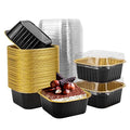 50 Pcs Mini Square Baking Cups with Lids,10oz Aluminum Foil Mini Cake Pans with Lids,Disposable Ramekins Cake Pans,300ml Dessert Cups Cupcake Pans for Wedding Birthday Party,Blackgold - color: Black/Gold, size: 10oz