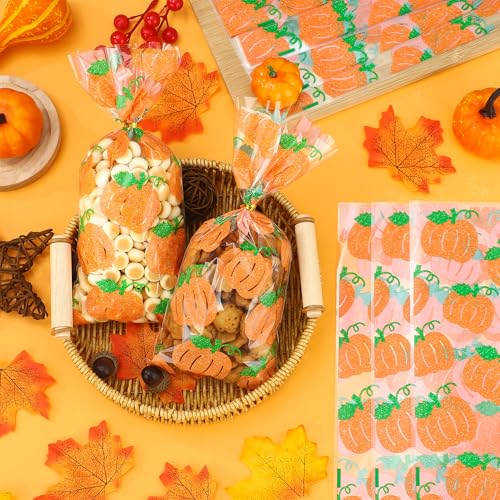 peony man 120 Pcs Fall Cellophane Treat Bags Fall Pumpkin Candy Bags Glitter Autumn Plastic Goodie Treat Bag Clear Thanksgiving Gift Bag with Twist Ties for Autumn Harvest Thanksgiving Party Supplies