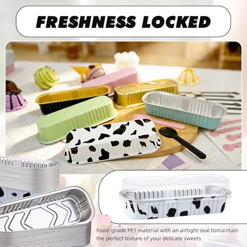 24 Pack Mini Loaf Pans, 7.5oz Mini Cake Pan & Mini Cupcake Pan Set – Disposable Aluminum Baking Pans with Lids, Spoons & Stickers, Premium Sturdy Gift Set for Cakes, Cupcakes, Desserts & Party Treats - color: Cow