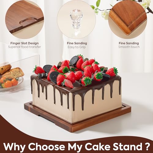 Acacia Wood Cake Stand with Lid,2-in-1 Cake Holder with Dome,Square dome - size: Square 11*11*5.56