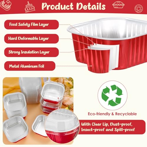 selizo 60 Pack 10oz Mini Disposable Cake Pans with Lids, Aluminum Foil Square Baking Cups, 4.4x4.4 Large Baking Cake Tins Cup Cake Containers with Lids for Individual Cakes - color: Red, size: 10oz