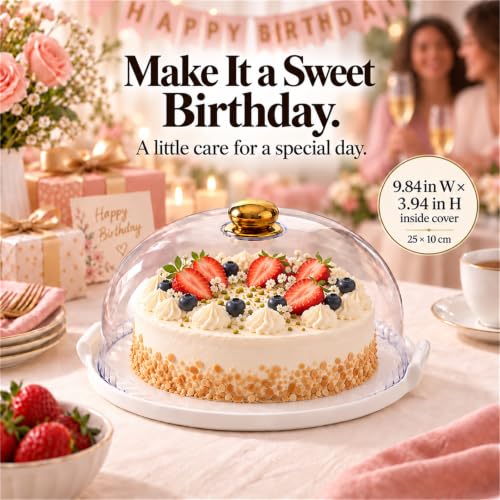 11.4-Inch Ceramic Cake Stand with Lid, White Round Cake Plate with Clear Acrylic Dome Cover for Cakes, Cookies, Pastries and Fruit