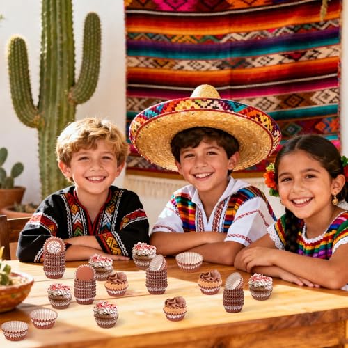 COcnny Cielito Lindo Cupcake Liners - 600pcs Mexican Mini Cupcake Paper Liners, Flower Baking Cups Muffin Wrappers, White Brown Candy Cake Chocolate Wrap Making Supplies for Party Mexico (4 Styles) - style: Mini Mexican Pattern