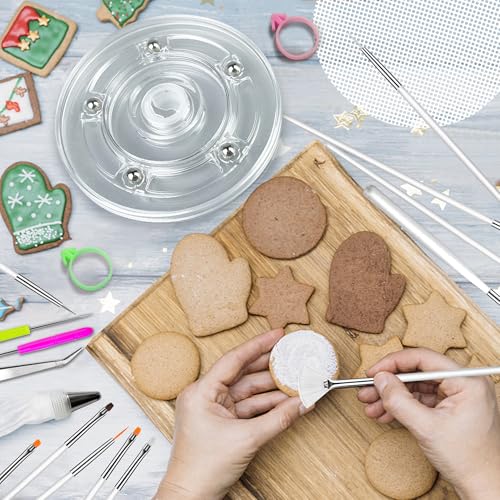112 PCS Cookie Decorating Kit Supplies Including Acrylic Turntable Brushes Scribe Needle Bags Icing Bottle for Cookie Cupcake Cake Decoration