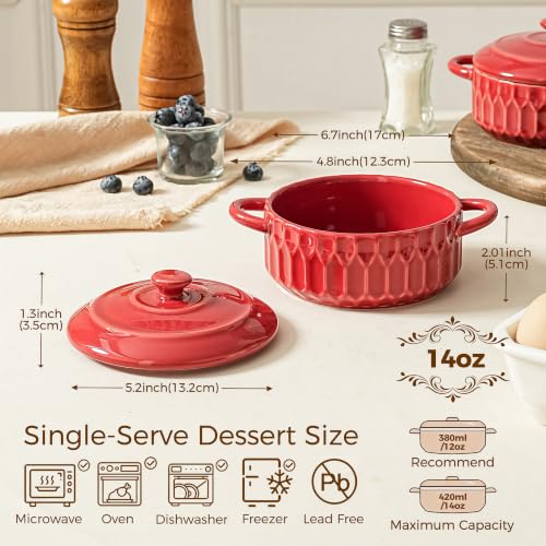 Mini Cocotte Set of 4, 14 oz Ceramic Casserole Dishes with Lids - color: Cherry Red