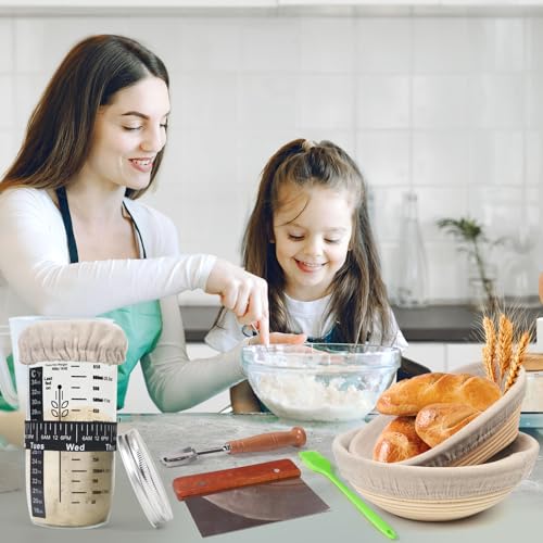 Banneton Bread Proofing Basket Set, 11 Inch Sourdough Proofing Basket and Bread Baking Supplies-Bread Lame, Danish Whisk, Bowl & Dough Scraper, Brush, (Rattan, 10in Round +10in Oval+1 Set Jar Kit) - size: Rattan, 10in Round +10in Oval+1 Set Jar Kit