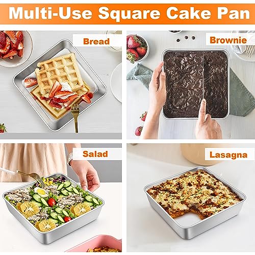 TeamFar Square Cake Pan, 6 Inch Stainless Steel Square Baking Pan Set of 2