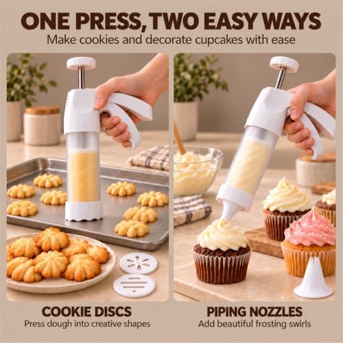Spritz Cookie Press Gun Kit, Clear Barrel Cookie Maker with 12 Discs & 6 Icing Tips, Manual Cookie Press for Baking, Biscuit Maker & Cake Decorating Tool