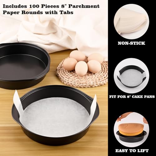 HUAKENER 3 Pcs 8 Inch Round Cake Pans with 100 Pieces Parchment Paper - size: 8 Inch with Handles