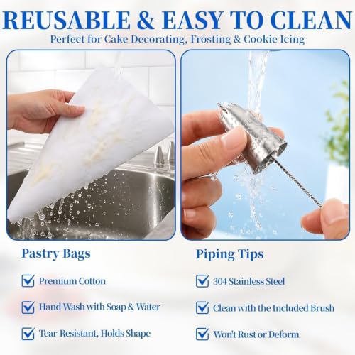 Cotton Piping Bags and Tips Set, 15Pcs Reusable Cake Decorating Kit