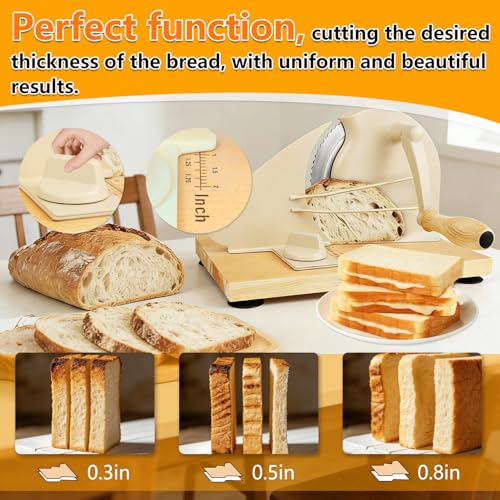 𝐔𝐩𝐠𝐫𝐚𝐝𝐞 Bread Slicer, Manual Bread Slicers with Hand Crank,Sourdough Slicer Manual Adjustable Width,Stainless Steel Blade Metal Guide Rail,Bread Slicer for Homemade Bread, 10 Years Warranty - color: Cream