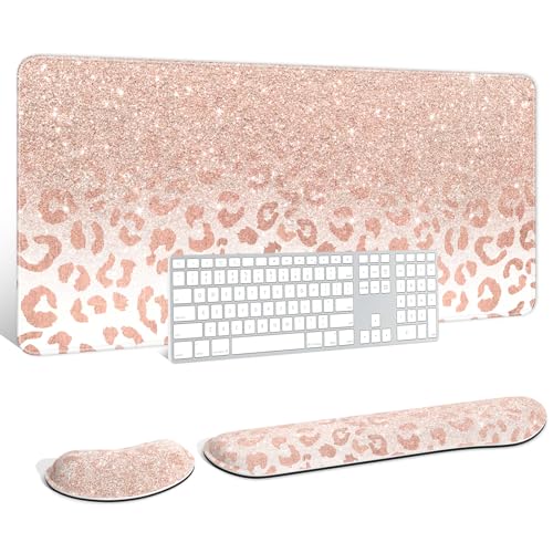 Large Mouse Pad with Wrist Rests for Keyboard & Mouse, Thick Soft Ergonomic Memory Foam Wrist Supports, Big & Long Desk Mat 35.5 x 15.7 in, for Office Gaming Computer, Pink Gold Leopard - color: Pink Gold Leopard