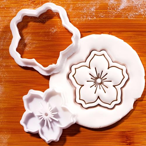 BAKERLOGY Sakura Mini Cookie Cutter & Stamp Set – Cherry Blossom Biscuit Cutter Fondant Embosser for Spring Baking, Garden Tea Party Cookies, Japanese Flower Cupcake Decoration Tool