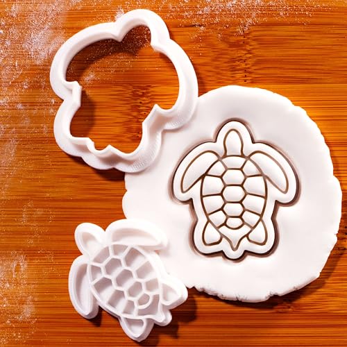 BAKERLOGY Sea Turtle Mini Cookie Cutter and Stamp Set – Ocean Animal Fondant Embosser, Beach Themed Cupcake Topper Mold for Summer Party, Under the Sea Baking & Coastal Treats