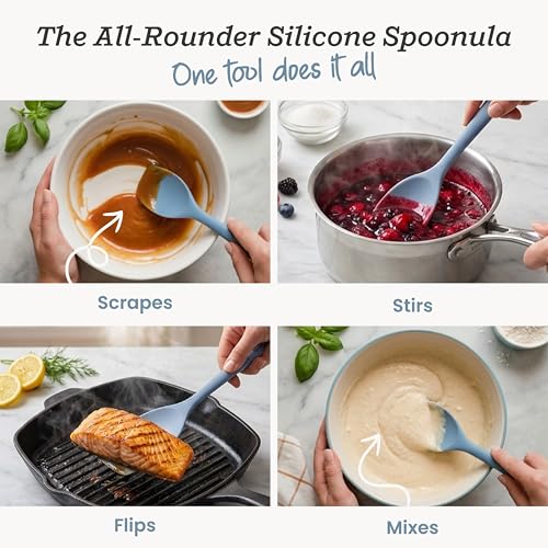 StarPack Silicone Spoonula The All-Rounder 11 Inch - LFGB Spoon Spatula, 600°F Heat Resistant, BPA-Free - One-Piece Seamless, Dishwasher Safe - for Nonstick Cookware, Light Blue - color: Light Blue, size: Standard 11"