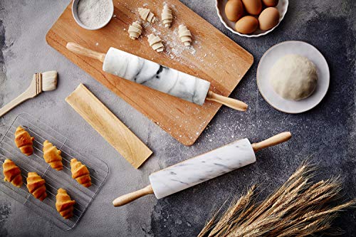 JEmarble Rolling Pin-Wooden Handles(White)(Premium Quality) Polished Surface 18-inch(10"Barrel) Genuine Stone Non-stick Save Effort Easy to Clean - color: Wooden Handle(White)