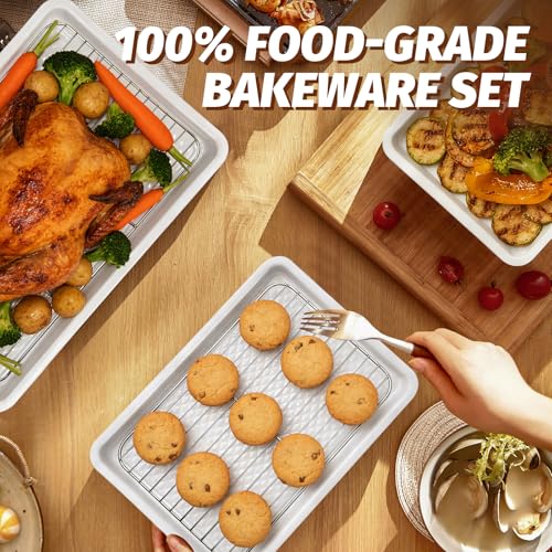 Nonstick Ceramic Baking Sheet With Rack, 2-Pack 15x10 Jelly Roll Sheet Pan, Non-Toxic, PTFE & PFOA Free, Warp-Free, Oven Safe 550°F, Dishwasher Safe, Aluminized Steel, Gray Yellow - size: 2-Pack Medium 10" x 15"