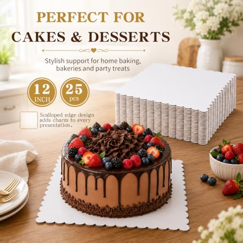 12 Inch Wave Cake Boards 25-Packs Squares Base Food-Grade Cardboard Wave Cake Plate for Wedding Birthday Pizza Desserts Parties Food Bottoms - size: 12inch/25pcs