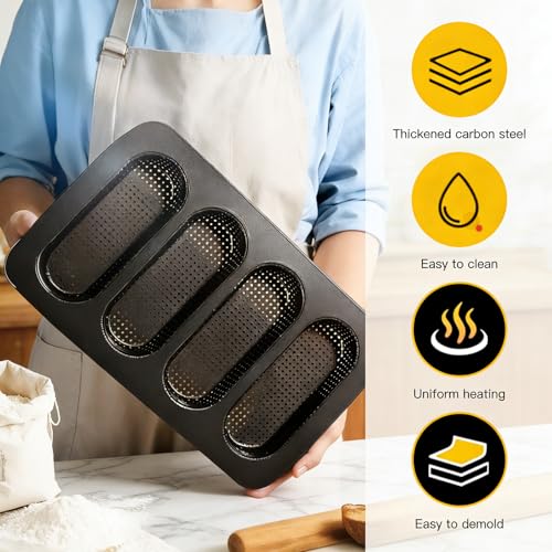 2-Pack Hot Dog Bun Pan Baguette Bread Pan, Carbon Steel Non-Stick Perforated Tray for Making Baguettes Hot Dog Buns