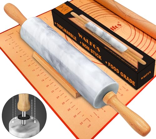 Walfos Marble Rolling Pin Set With Non Stick Silicone Pastry Mat, 16.5 Inch Dough Rolling Pins For Making Pizza, Tortillas And Cookies, Backing Rolling Pin For Pie Crust, Pizza, Pasta (Gray & White) - size: 16.5 in + pastry mat