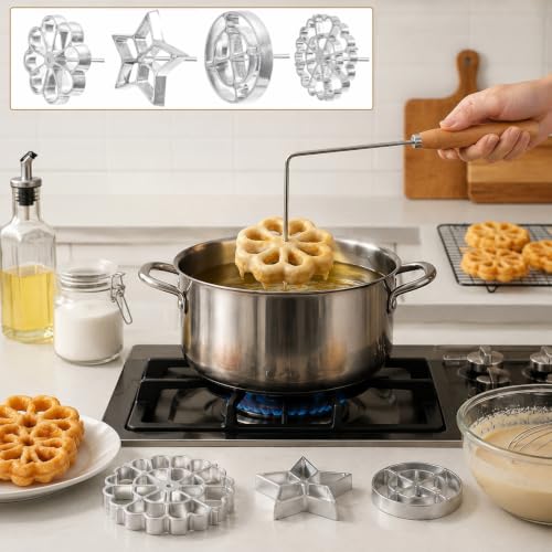 6 Pack Bunuelos Molds with Handles, Rosette Timbale Iron Set with 2 Interchangeable Heads, Aluminum Alloy Waffle Molds for Kitchen Baking, Lotus Star Cooking Stamp Houseware Tool