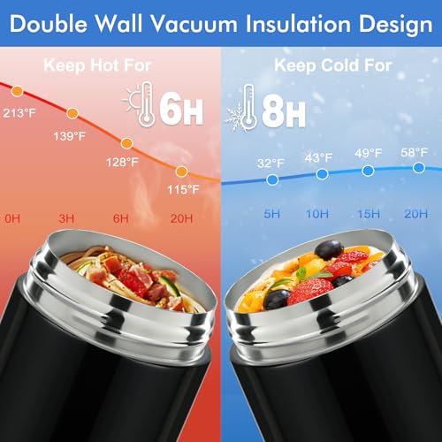 wiwens 12oz 2 Pack Insulated Food Jar Set for Kids Soup Thermo Hot Food Lunch Container Wide Mouth Leak Proof Stainless Steel Vacuum Bento Box for School Office Travel Outdoors - color: Black*2