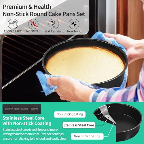 P&P CHEF 9.5 Inch Cake Pan, Stainless Steel Round Cake Pans, Black & 4 Pcs - color: Black, size: 9.5 Inch