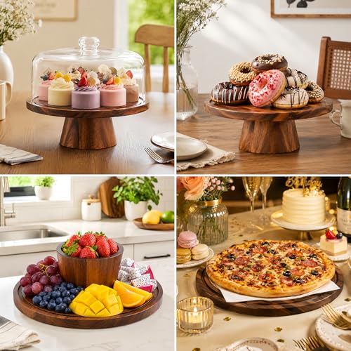 Acacia Wood Cake Stand with Lid - 12 Inch Magnetic Detachable Cake Stand with Dome, Shatterproof Acrylic Cover, Versatile Cake Holder & Charcuterie Board for Parties, Dessert Table Display