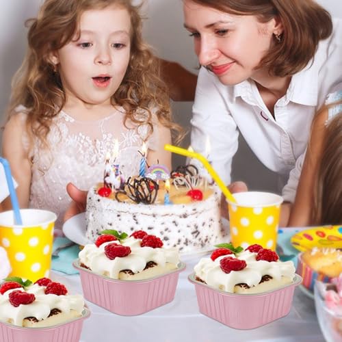Mini Cake Pans With Lids And Spoons 10 oz 50 Pack Individual Small Cake Aluminum Foil Pans Disposable Square Mini Brownie Baking Cupcake Liners Muffin Tin tins (Pink, 10oz) - color: Pink, size: 10oz
