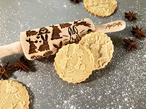 EASTER 3 Mini Embossed Rolling Pin Set. Wooden Laser Cut Embossing Rolling Pins for Embossed Cookies. Easter, Rabbit, Egg, Chicken, Spring, Flowers from Algis Crafts