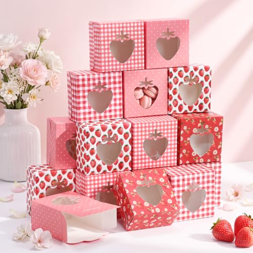 Eaasty 60 Packs Strawberry Cookie Boxes with Window 4x4x2.5 Inches - style: Strawberry