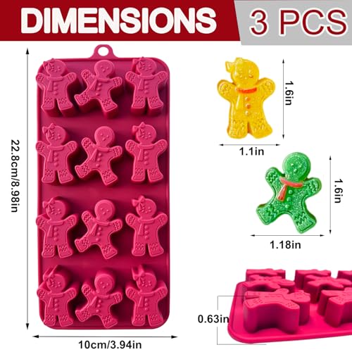 3Pcs Gingerbread Man Silicone Molds, 36 Cavities Christmas Chocolate Molds 3D Gingerbread Molds Christmas Ice Cube Molds Holiday Baking Molds for Candy Chocolate Candle Cookie Jello Clay Resin
