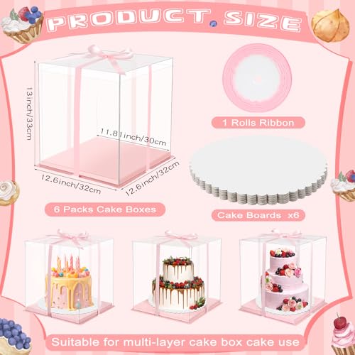 Watersay 6 Pack 12''x12''x13'' Pink Cake Box with Cake Boards and Ribbon - color: Pink, size: 12''x12''x13''