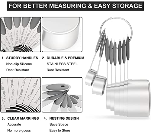 Wildone Stainless Measuring Cups and Spoons Set with Silicone Handle, 16pcs - color: Gray