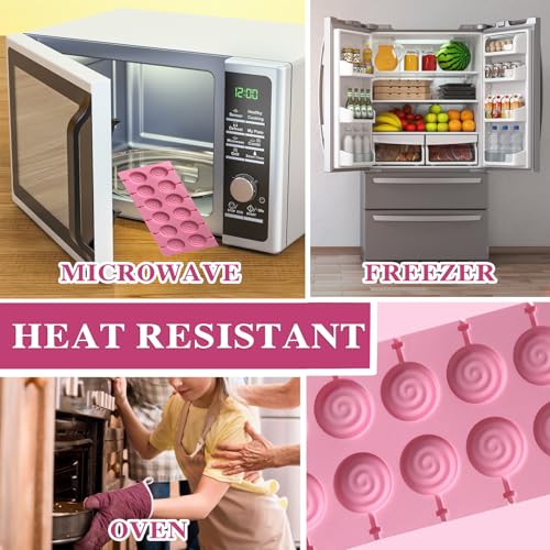 12 Capacity Silicone Lollipop Molds,Hard Candy Chocolate Sucker Mold with 2pcs 3.15 inch Lollypop Sucker Sticks,Candy Treat Bags,Gold Ties - color: 2PCS