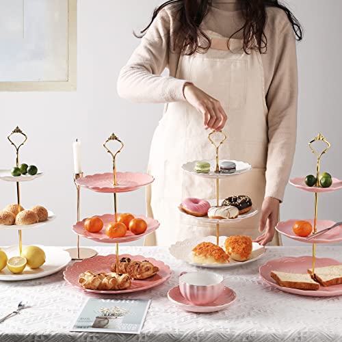 Sweejar 3 Tier Ceramic Cake Stand Wedding, Dessert Cupcake Stand for Tea Party Serving Platter(Rose Pink) - color: Rose Pink