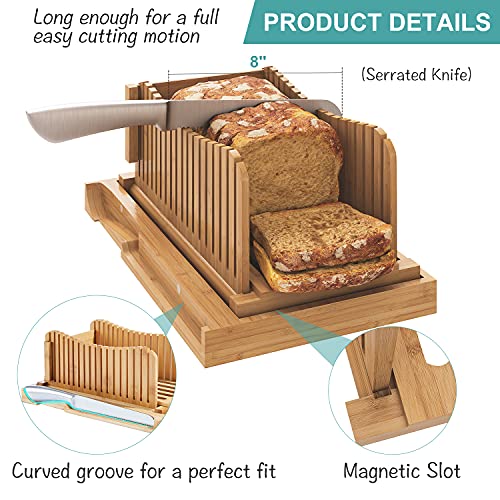 Bamboo Bread Slicer with Serrated Knife, Adjustable Guide for 3 Thickness Sizes, Foldable Chopping Board with Crumb Tray, Great for Homemade Bread, Cakes, Bagels - style: A - with Knife