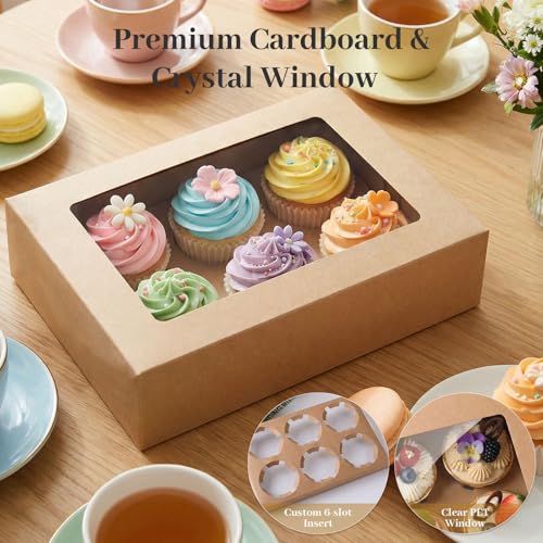 HANSGO 6 Count Cupcake Boxes,6 PCS Cupcake Containers with Window - color: Brown