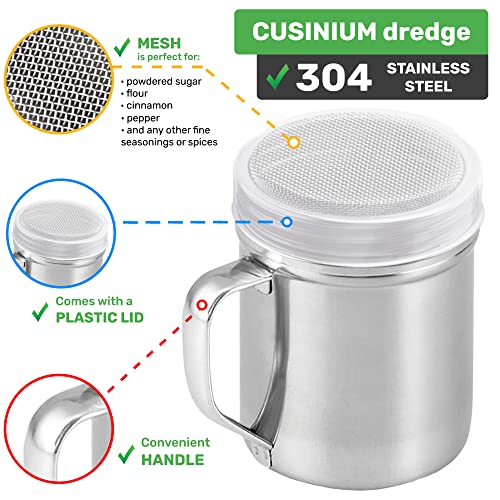 CUSINIUM Powdered Sugar Shaker Duster - With Handle - Cinnamon Shaker For Coffee Bar - Fine Mesh Dredge - 10 ounce | Style: Fine - size: 10 Ounce